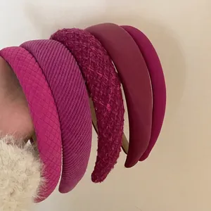 Rose pink tweed and satin headband set for women with sponge padded high top design