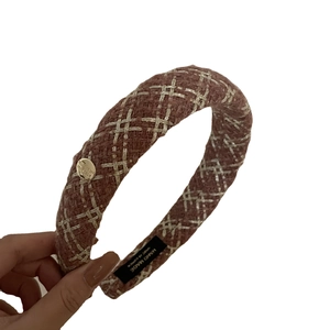 French style tweed headband in pink-brown with gold metallic button for women