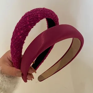 Rose Pink Padded Tweed Headband For Women Elegant Sponge High Top Hair Band Retro Korean Style Fabric Hair Accessories