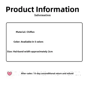 Detail specifications showing 2cm wide chiffon headband available in 5 assorted colors
