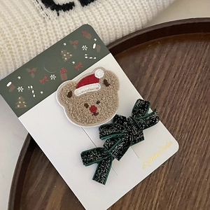 Set di fermagli natalizi per bambine con orsetto e fiocco verde glitterato