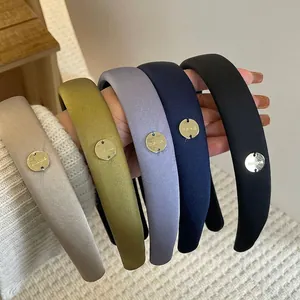 Women Fashion Satin Padded Headband With Gold Metal Tag Solid Color Thick Sponge Hair Band Commuter Sweet Hair Accessories