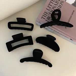 Women Black Flocking Large Hair Claw Clip Geometric Matte Shark Grab Clip Nonslip Minimalist Commuter Hair Accessories