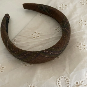 French vintage sponge headband with green and brown plaid wool for high cranial top