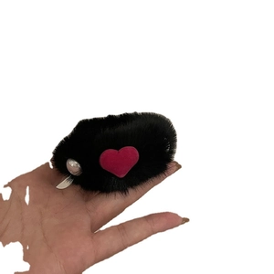 Cute mink fur heart hair tie with pink plush ornament and silver bead for women