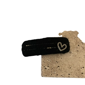 Black knitted hair clip with gold glitter thread and silver rhinestone heart decor