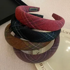 French Vintage Plaid Padded Headband For Women High Skull Top Sponge Hair Hoop Autumn Winter Fabric Hair Accessories