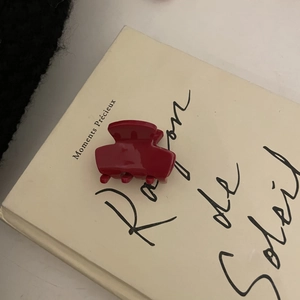 Detail of red acetate hair clip with glossy finish resting on a minimalist book prop