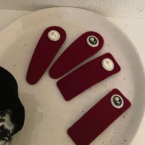 Vintage Red Velvet Hair Clip With Rose Artificial Pearl Relief Elegant Wine Red Square BB Clip For Women Holiday Hair Accessories