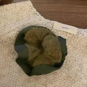 Olive green and brown fluffy scrunchie hair tie with plush and satin textures