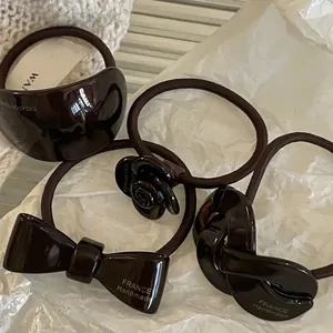French chocolate brown hair scrunchie set with rose and bow designs for women