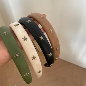 Trendy Handmade PU Leather Studded Star Headband Retro Wide Padded Hair Hoop Fashion Versatile Women Hair Accessories