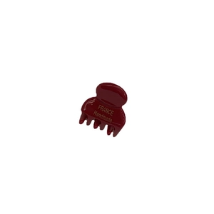 French style handmade burgundy mini hair claw clip with gold label on white background