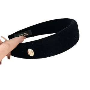 Classic black velvet headband with gold logo for vintage high top hair styling