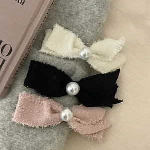 Damen Süße Tweed Schleife Haarklammer Mit Kunstperle Elegante Fransen Haarnadel Handgefertigt Koreanischer Stil Haarschmuck