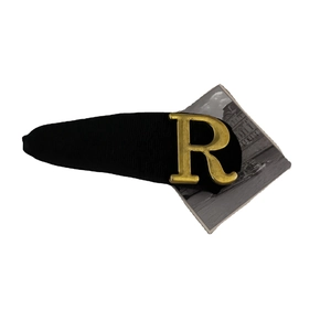Elegant black velvet headband featuring a prominent gold letter R metal embellishment