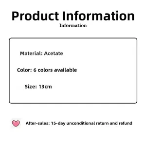 Detailed size and material chart for 13CM acetate hair claw clip showing 6 color options