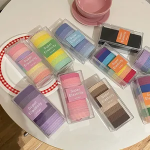 Detail of candy-colored high elasticity hair ties in a clear rectangle storage box