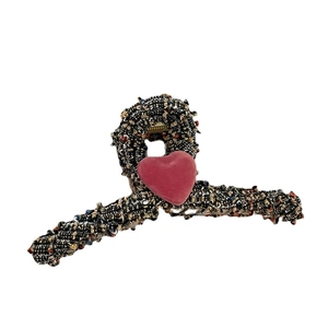 Retro oversized tweed claw clip for women featuring a dark pink heart and multicolor fabric