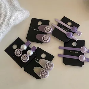 Korean Style Purple Hair Clip For Women Elegant Rhinestone Smiley Face Duckbill Clip Artificial Pearl Side Hairpin Hair Accessories