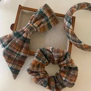 Vintage Plaid Contrast Color Headband Fabric Hair Scrunchie Bow Hair Clip Preppy Style Fashion Hair Accessories For Women
