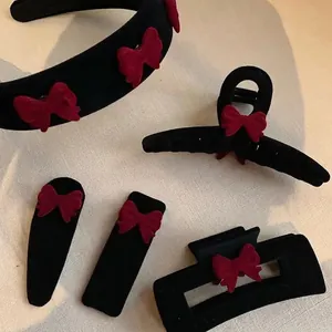 Pince à Cheveux Nœud Floqué Vintage Français Nœud Rouge Doux Pince Requin Noire Accessoires Cheveux pour Femmes Filles