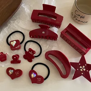 French Style Vintage Wine Red Acetate Hair Claw Clips Elegant Handmade Rhinestone Heart Star Pattern Hair Ties For Women Hair Accessories