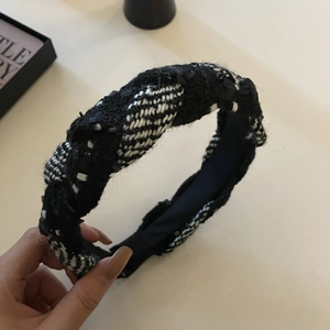 Classic black and white tweed knotted headband for women with thick braided hair accessory