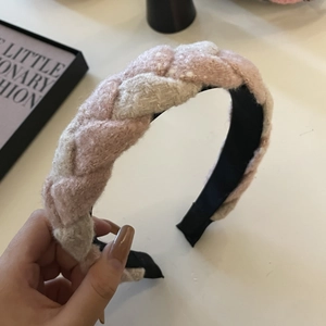 Pink and cream woven tweed wide headband with thickened braided texture for women