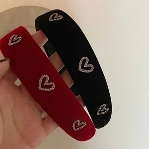 Vintage Wine Red Velvet Wide Headband For Women Heart Rhinestone Elegant Padded Hair Hoop French Style Hair Accessories