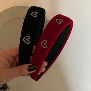Vintage burgundy and black velvet headbands with rhinestone heart patterns for women
