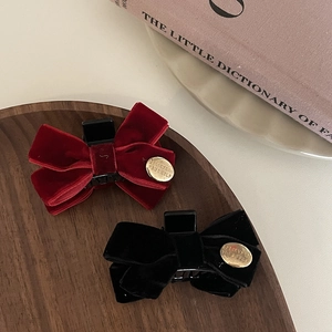 French vintage velvet bow hair clips in red and black with gold metal details