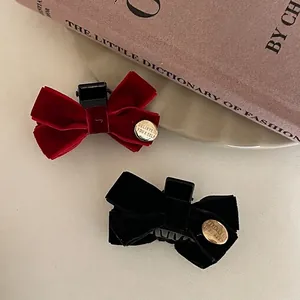 French Vintage Velvet Bow Hair Clip For Women Retro Elegant Ribbon Hair Claw With Gold Round Tag Hair Accessories