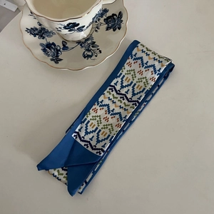 French style blue patterned silk twilly scarf for hair and handbags styling