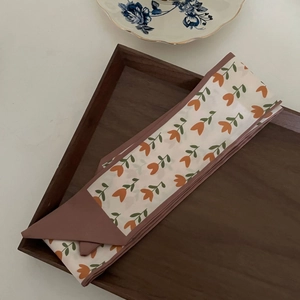 Floral skinny silk scarf with orange tulips and pink trim for hair styling and bags