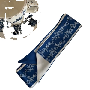 French blue striped long silk scarf with white flower patterns for hair and bag decoration