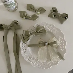 French Elegant Green Bow Hair Clips Collection For Women Vintage Satin Ribbon Duckbill Clip Rhinestone Hair Accessories