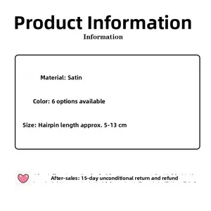 Detail showing satin fabric material hair clips available in six styles and 5-13cm sizes
