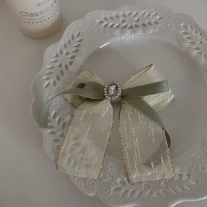 French style olive green bow hair clip with white lace and sparkling crystal center