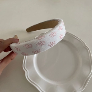 Cute white fabric wide headband with pink floral print pattern for girls and women