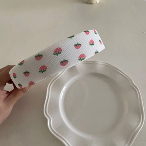 Cute wide white headband with red strawberry print for girls, sweet Korean style hair accessory