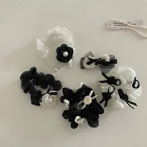 French Vintage Mesh Flower Scrunchie Elegant Organza Hair Tie With Faux Artificial Pearl Camellia Bow Duckbill Clip For Women Jewelry