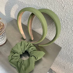 Korean Style PU Faux Lambskin Solid Color Green Headband Hair Scrunchie Set For Women Elegant Daily Hair Accessories