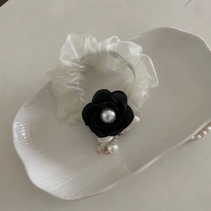 French retro white organza scrunchie with black fabric camellia flower and pearl charms