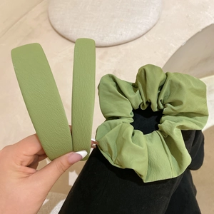 Avocado green faux leather padded headband set with matching hair scrunchie for women