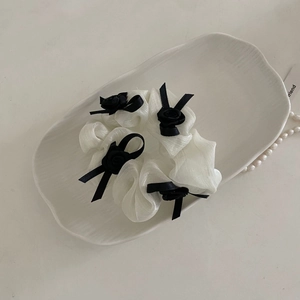 French INS style organza scrunchie in beige mesh with black ribbon rose floral details