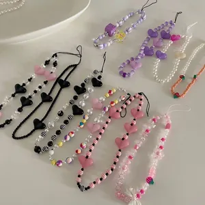 Bijou de Téléphone Perlé Cœur Fraise Étoile Papillon Résine Acrylique Künstliche Perle d'Imitation Dragonne Poignet Bijoux Femme