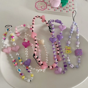 Lot de dragonnes de téléphone en perles colorées avec pendentifs cœur et acrylique