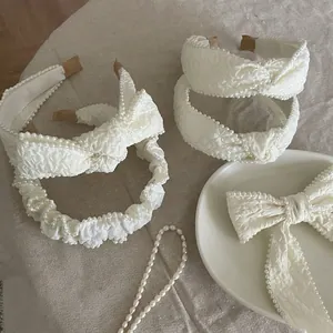 French style pearl-edged pleated headbands and bow clip set in elegant cream white fabric