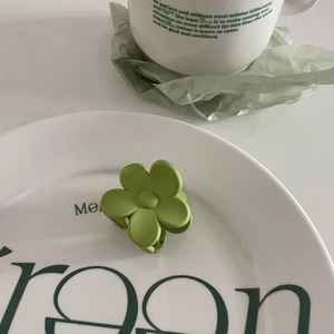 Pince à cheveux fleur vert herbe givré sur une assiette blanche minimaliste